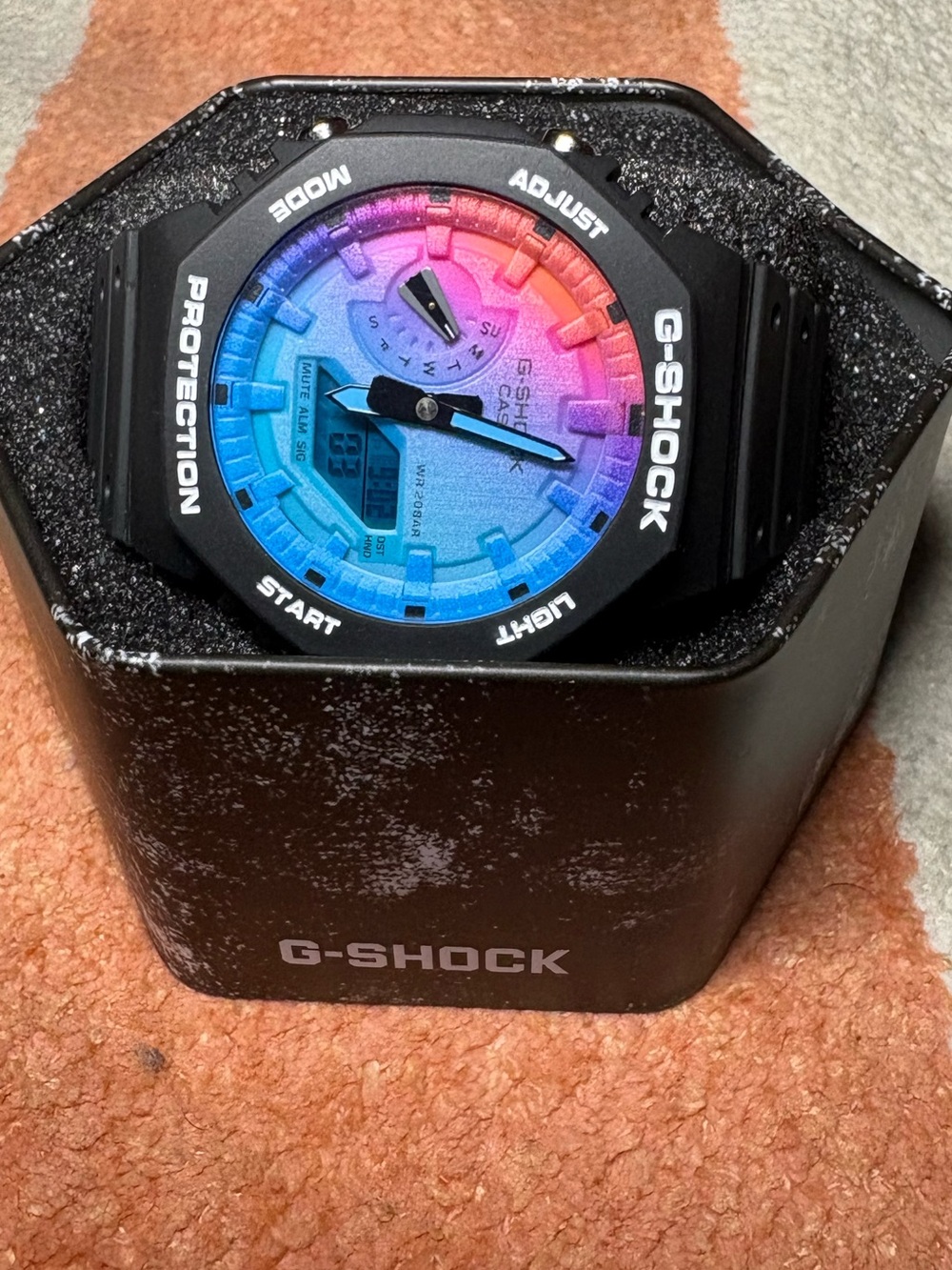 G-Shock Black Resin Watch with Blue-to-Pink Gradient Dial